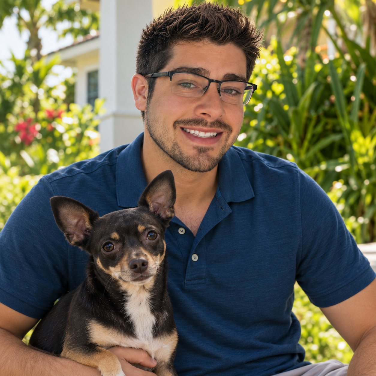 Steven Mack smiling outdoors with his dog Diego